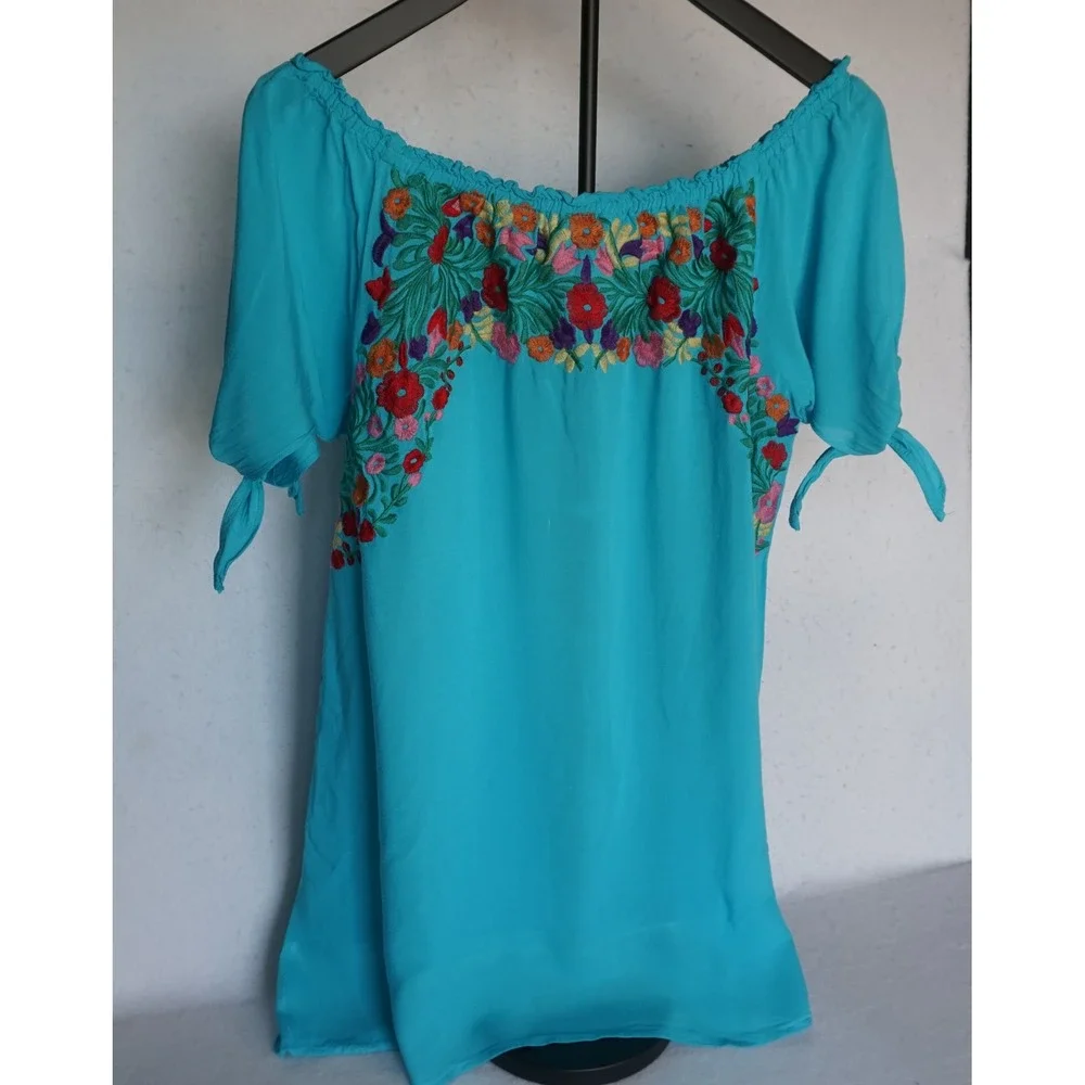 Jodifl Turquoise Floral Embroidered Off Shoulder Mini Dress B1769 Teal Blue L